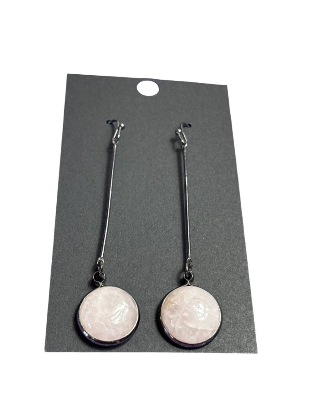 Rose Quartz Cabochon Gunmetal Dangle Earrings 2.25 inches